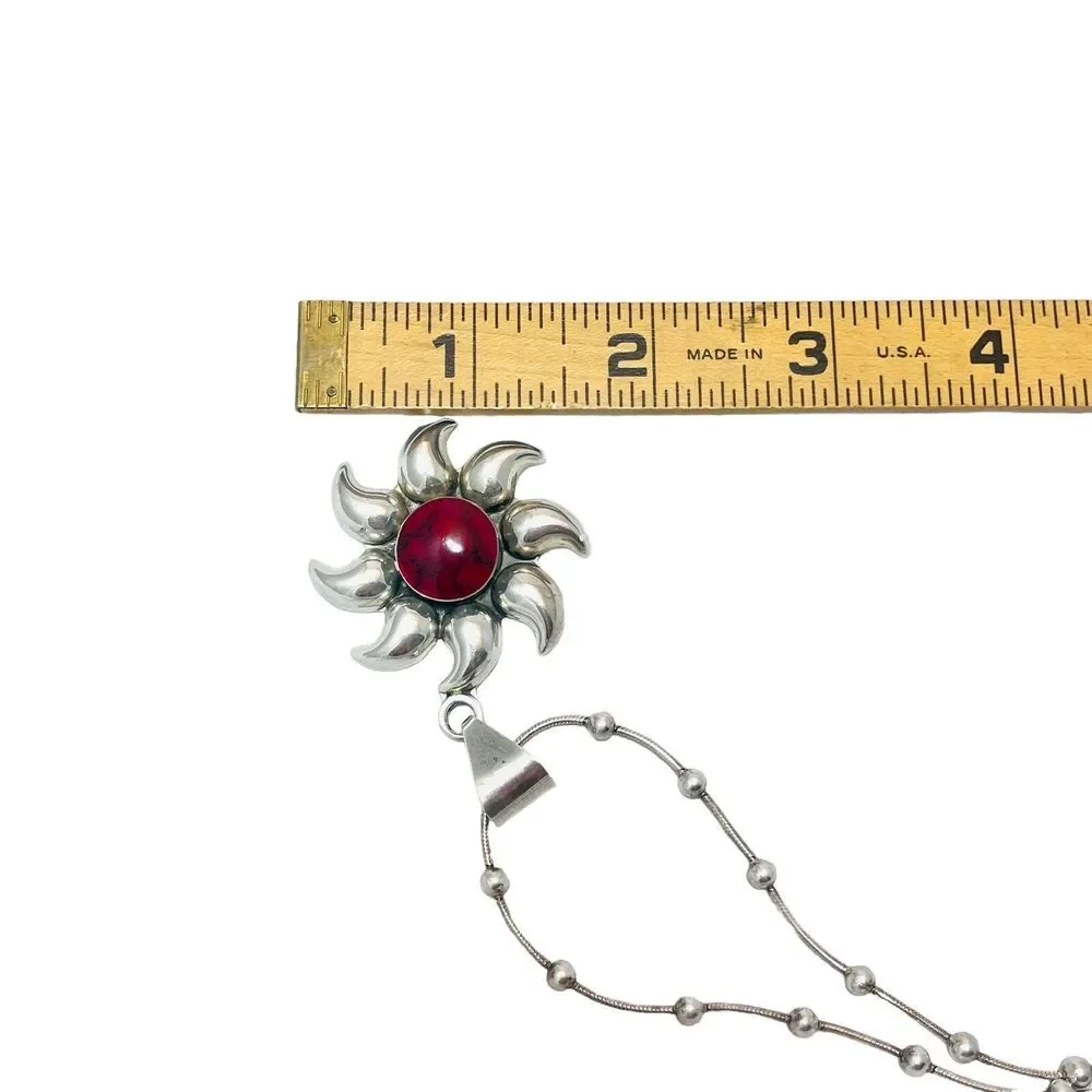 Vintage Sterling Silver Red Jasper Necklace Sun‎ Sunburst Star Pendant Italy
